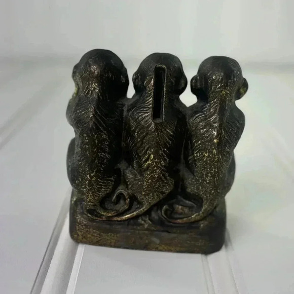 Vintage Cast Iron Three Wise Monkey Bank Hear No Evil See No Evil Speak No Evil - Picture 4 of 11